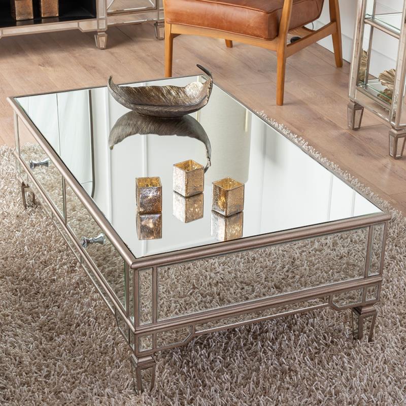 Zarelli Mirrored Coffee Table With 4 Soft Close Drawers 120 cm x 70cm x 40cm